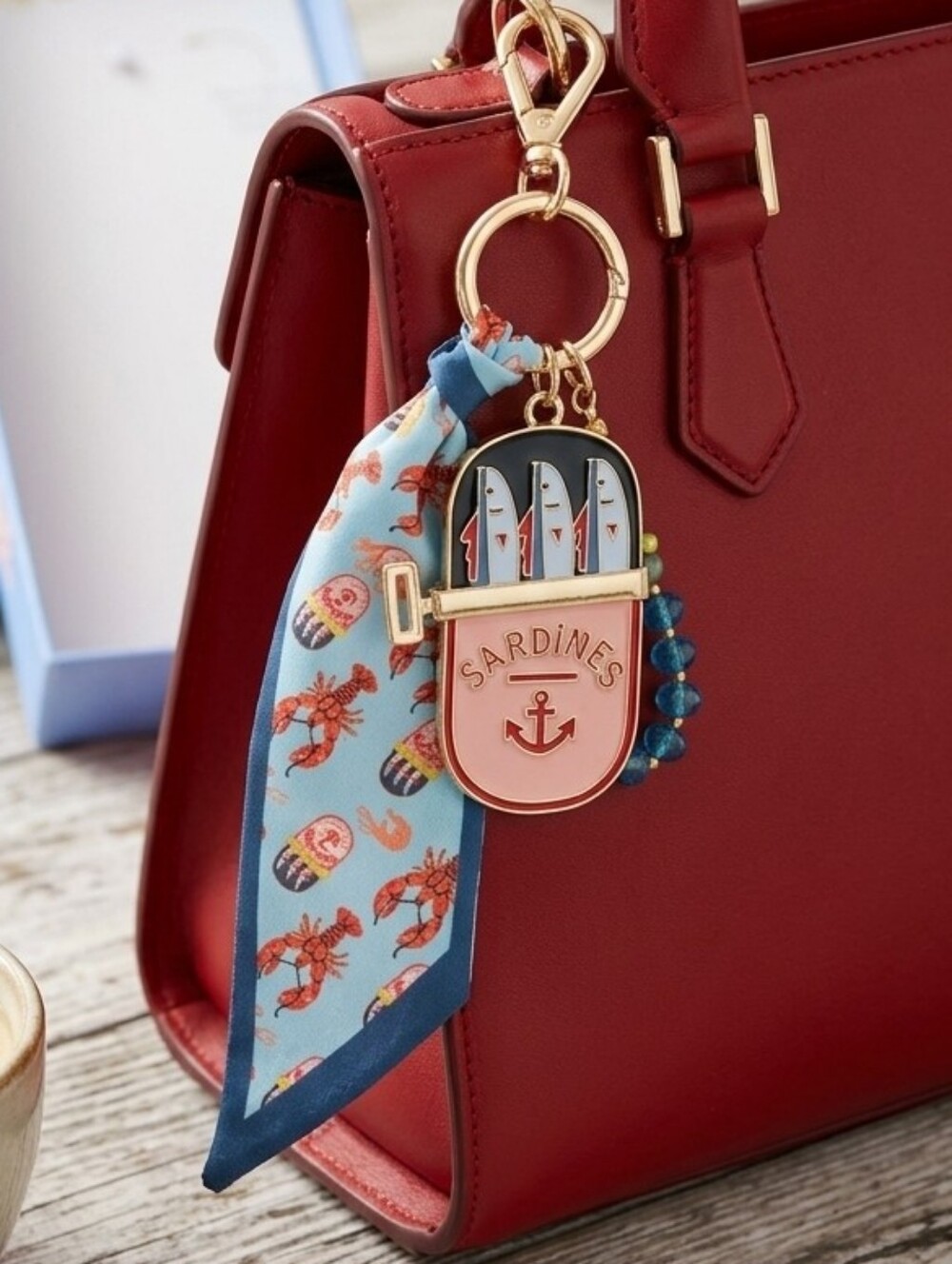 Sardines Bag Charm with Blue Scarf & Beaded Accent